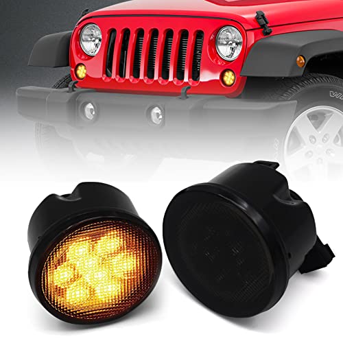 DKMGHT Turn Signal Lights Smoked Lens for 2007-2018 Jeep Wrangler JK JKU Amber LED Front Blinkers Grill Indicator Parking Lights (Honycomb Style)