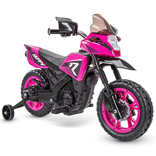 Huffy 6V Kids Electric Battery-Powered Ride-On Motorcycle Bike Toy w/Training Wheels, Engine Sounds, Charger - Pink, 17078P