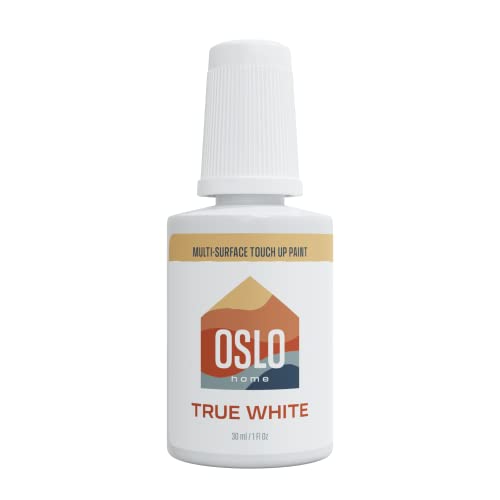 Oslo Home Touch Up Paint, 1oz True White Satin Finish, w/brush in bottle, quick drying, self-priming, for rental and home repairs, walls, trim, kitchen cabinets, furniture, shutters and more