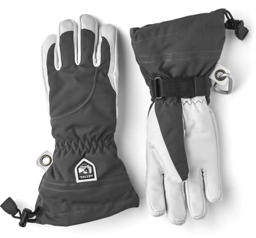 Hestra Heli Ski Womens Glove - Classic 5-Finger Leather Snow Glove for Skiing, Snowboarding and Mountaineering (Womens Fit) - Grey/Offwhite - 7