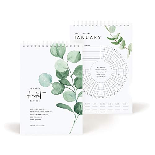 Bliss Collections Habit Tracker Calendar Notepad, Greenery Floral, Gold Spiral Binding, Inspirational and Motivational Monthly Journal to Track Habits and to Help with Goals, 6"x9" Undated 12 Months