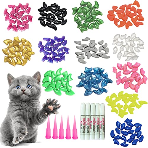 100pcs Cat Nail Caps/Tips YMCCOOL Pet Cat Kitty Soft Claws Covers Control Paws of 10 Multi-Colors Nails Caps and 5Pcs Adhesive Glue 5 Applicator with Instruction