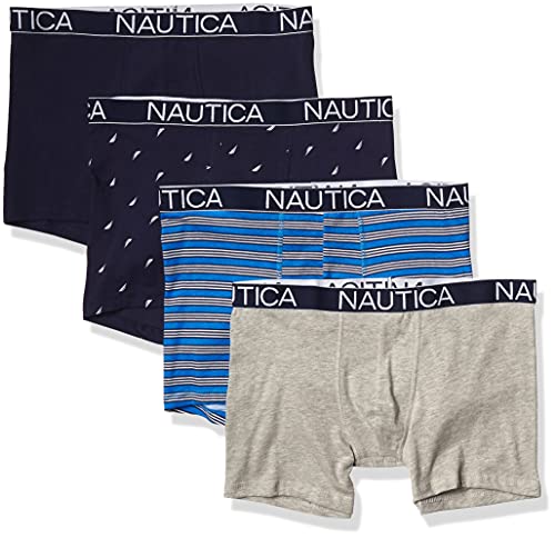 Nautica Men's Cotton Stretch 4 Pack Boxer Brief, Peacoat/Heather Grey/Stripe-Aero/Sail Print, Medium