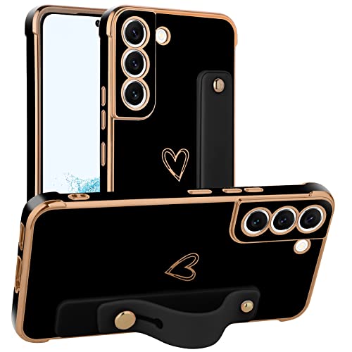 AIGOMARA Compatible with Samsung Galaxy S22 Plus Case with Finger Strap Luxury Cute Heart Plating Phone Case Full Body Protective Kickstand Cover for Galaxy S22 Plus 5G 2022 Women Girly - Black