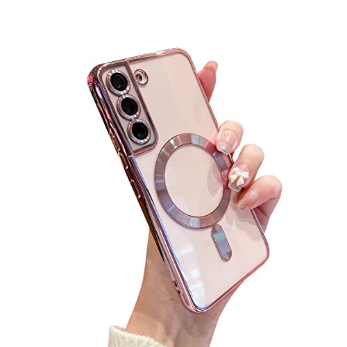 Threehundred for Samsung Galaxy S22 Case Magnetic Clear with Camera Lens Protector Full Protection MagSafe Electroplated Silicone Slim Fit Shockproof Protective Case Cover 6.1 Inch - Pink