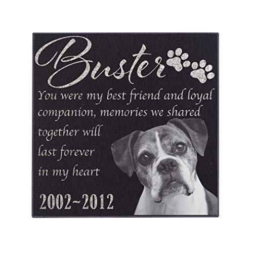 Personalized Granite Pet Memorial Stone w 'Your Pet Photo' Customizable Tombstone - Loss of Pet Gift- Indoor Outdoor Dog or Cat for Garden Backyard 12" x 12" #13