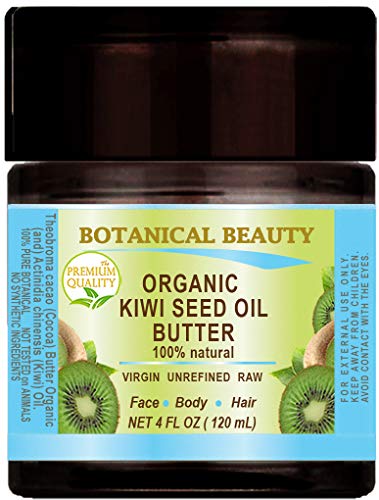 Organic KIWI SEED BUTTER RAW VIRGIN UNREFINED for Face, Body, Hair, Lip and Nail Care. Dry Skin, Cracked Hands, Rosacea, Eczema, Psoriasis Rashes, Itchiness, Redness, Anti Aging with Cocoa ( Cacao ) Butter and Kiwi Seed Oil 4 Fl. oz. - 120 ml by Botanical Beauty