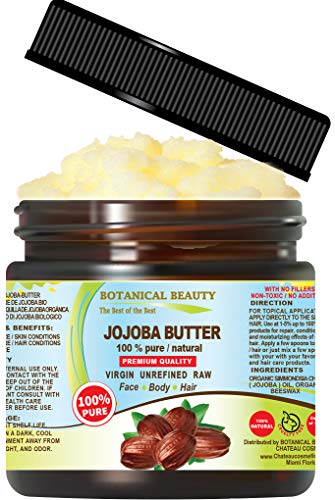 JOJOBA OIL BUTTER RAW VIRGIN UNREFINED for Face, Body, Hair, Lip and Nail Care. Dry Skin, Cracked Hands, Rosacea, Eczema, Psoriasis Rashes, Itchiness, Redness, Anti Aging 4 Fl. oz. - 120 ml by Botanical Beauty
