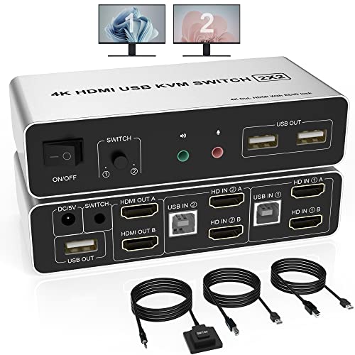 KVM Switch Dual Monitor HDMI 2 Port, Supports EDID, HDMI 4K 60Hz for 2 Computers 2 Monitors with Audio Microphone Output and 3 USB Ports, PC Monitor Keyboard Mouse Switcher