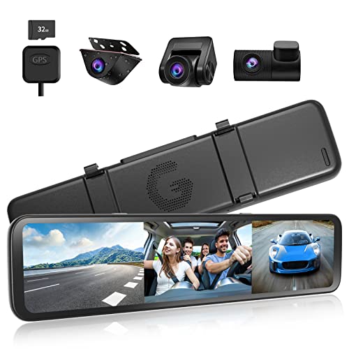 WOLFBOX 3 Channel Mirror Dash Cam 12" Full HD Rear View Mirror Camera Touch Screen Backup Camera with Detached 1080P Front and Rear View Dual Recording Night Vision GPS Parking Assistance