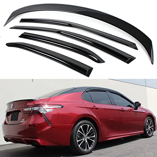 Fits for 2018-2019 Toyota Camry LE SE XSE XLE Glossy Black Trunk Lid Spoiler+ 3D Wavy Window Visor Rain Deflector