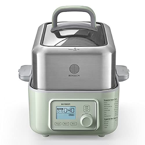 BUYDEEM G563 5-Quart Electric Food Steamer for Cooking, One Touch Vegetable Steamer, Digital Multifunctional Steamer, Quick Steam in 60s, Stainless Steel Steamer Tray & Glass Lid, Cozy Greenish, 1500W