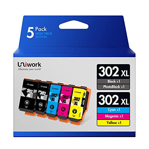 Uniwork Remanufactured 302XL Ink Cartridge Replacement for Epson 302XL 302 XL T302XL T302 to use with Expression Premium XP-6000 XP6000 XP-6100 Printer (PBK/BK/C/M/Y, 5 Pack)