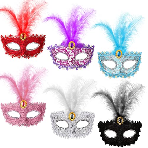 CHENGU 6 Pcs Masquerade Mask for Women Girl Mardi Gras Mask Halloween Costume Mask Colorful Lace Mask for Women Girl Party Carnival Prom Ball