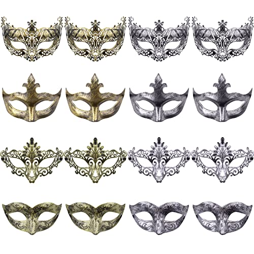 FEQO 16 Pieces Masquerade Masks Vintage Antique Masks Venetian Masks Masquerade Party Mask(Gold, Silver)