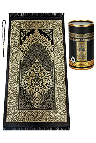 Muslim Prayer Rug and Prayer Beads with Elegant Design Cylinder Gift Box | Janamaz | Sajadah | Soft Islamic Prayer Rug | Islamic Gifts Set | Prayer Carpet Mat, Taffeta Fabric, Black