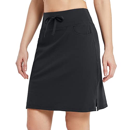 BALEAF Women's Skorts Skirts 20" Knee Length Cotton Casual High Waist Drawstring Modest Golf Skort with Pocket Black XL