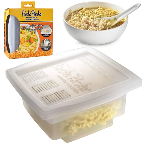 The Original Fasta Pasta Microwave Ramen Cooker w Lid and Built-in Strainer- No More Messes, Waiting for Water to Boil,or Sticky Noodles- Perfect Al Dente Pasta Every time- Patented, It Really Works!