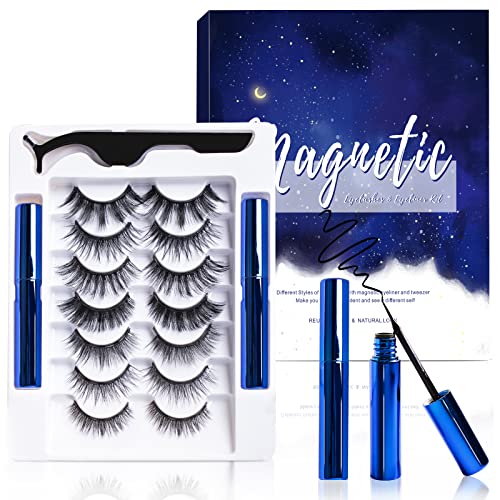 Magnetic Eyelashes and Eyeliner Kit, Premium Magnetic Lashes 3D Natural Look with Eyeliner and Tweezers, Lightweight & Sweatproof False Eyelashes No Glue Needed, Easy to Wear and Reusable (7 Pair)