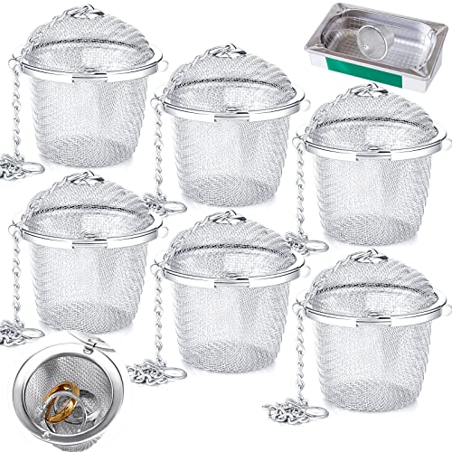 6 Pcs Ultrasonic Watch Parts Cleaner Baskets Stainless Steel Jewelry Steam Cleaner Ultrasonic Parts Cleaner Basket Mesh Ball Cleaning Small Holder with Lock Hook for Watch Cleaning Solution (Silver)