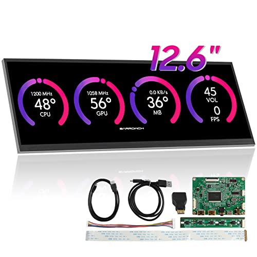 12.6 Inch LCD Screen NV126B5M-N41, 1920x515 IPS LCD Monitor Panel for CPU Hardware Temperature Display PC Case Long Secondary Monitor, with Mini HD-MI Controller Board and Micro USB Cable