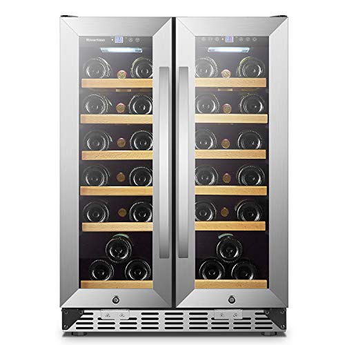 Sinoartizan 24 Inch Wine Cooler Refrigerator with Stainless Steel French Doors, Dual Zone Wine Fridge for Built In