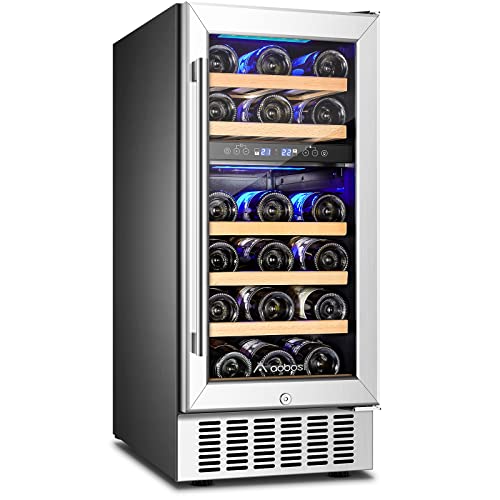 AAOBOSI Upgraded 15 Inch Wine Cooler, 28 Bottle Dual Zone Wine Refrigerator with Stainless Steel Tempered Glass Door,Memory Function, Fit Champagne Bottles, Wine Fridge Freestanding and Built-in