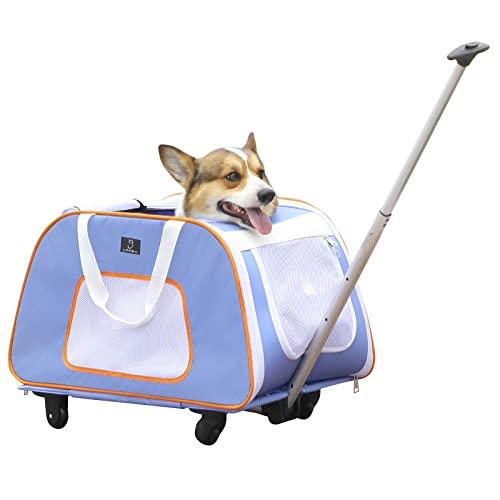 A4 Pet Pet Carrier with Wheels,Foldable Dog Carrier for Medium Dogs Up to 33 LBS with Removable Base,Extendable Handle & 4-Wheels Design,Mesh Ventilation Windows and Safety Rope, Blue