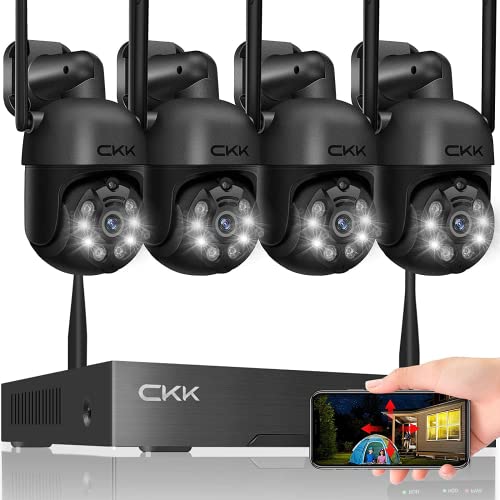 3MP Wireless Security Camera System,4pcs 3MP PTZ Cameras Outdoor Indoor, 8 Channel 3MP WiFi Surveillance NVR System with Floodlights & Siren Alarm, 2 Way Audio, No HDD