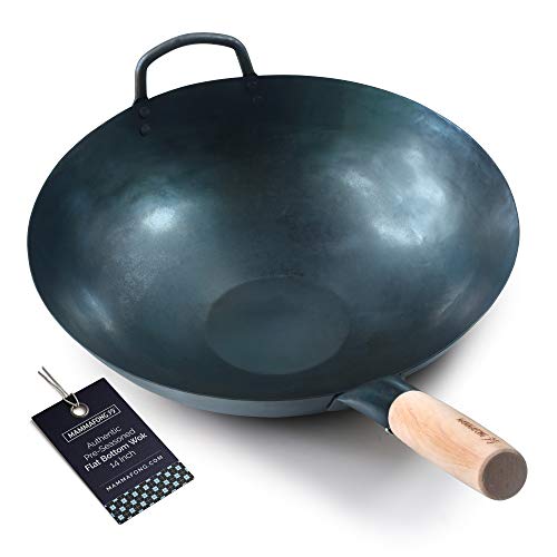 Mammafong Pre Seasoned Blue Carbon Steel Flat Bottom Wok -14 Inch Chinese Pow Wok - Traditionally Hand Hammered Woks and Stir Fry Pans