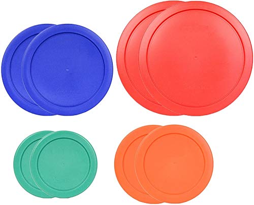 Klareware 1 Cup Green 2 Cup Orange 4 cup Blue 7 Cup Red Round Plastic Food Storage Replacement Lids Covers for Klareware Anchor Hocking and Pyrex Glass Bowls (Container not Included) (Multi 8 Pack)