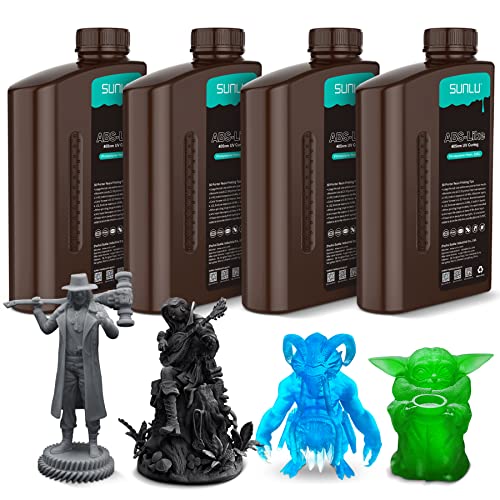 SUNLU 3D Printer Resin Bundle Multicolor, ABS-Like Fast Curing 3D Resin for LCD DLP SLA 3D Printers, Strong Non Brittle, 2000g Resin, 500g per Bottle, 4 Pack, Dark Grey+Black+Clear Blue+Clear Green