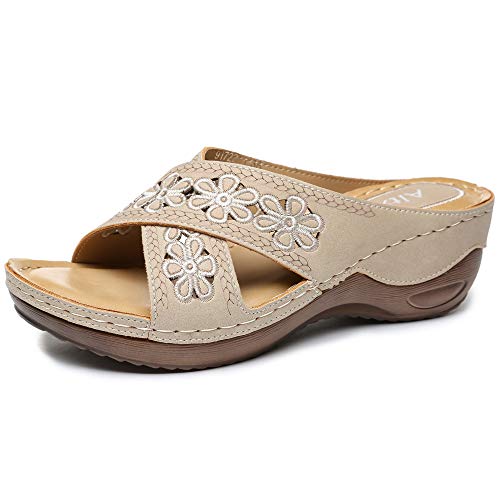 Altxic Women's Open Toe Embroidered Crisscross Strap Vamp Comfortable Slide Sandals Apricot 9 US