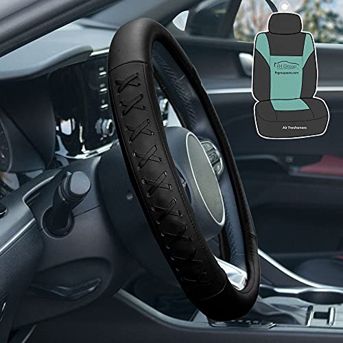 FH Group Universal 15 Inch Genuine Leather Steering Wheel Cover with Lace-Up Detailing -Universal Fit for Cars Trucks and SUVs (Solid Black) FH2022