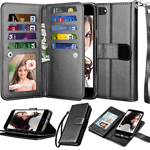 NJJEX Wallet Case for iPhone SE 2020/SE2, for iPhone 8/iPhone 7 Case, [9 Card Slots] PU Leather Credit Holder Folio Flip [Detachable] Kickstand Lanyard Magnetic Phone Cover for iPhone SE 2nd [Black]