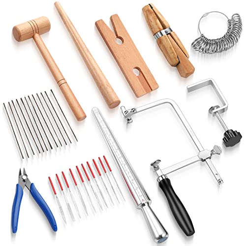 Jewelers Tools Set Including Jeweler Saw Frame Bench Pin Clamp Diamond Needle File Wooden Ring Clamp and Ring Sizer Mandrel Measuring Tool Jeweler's Mallet Hammer Stick for Jewelry Making
