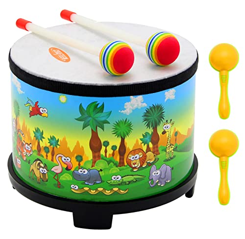 Crafteem Floor Tom Drum for Kids Musical Percussion Instrument with 2 Mallets and Color Maracas for Toddler ,Children Boys & Girls Christmas Birthday Gift.