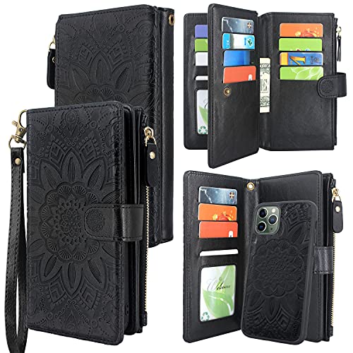 Harryshell Detachable Magnetic Zipper Wallet Leather Case Cash Pocket with Card Slots Holder Wrist Strap for iPhone 11 6.1 inch 2019 Floral Flower (Black)