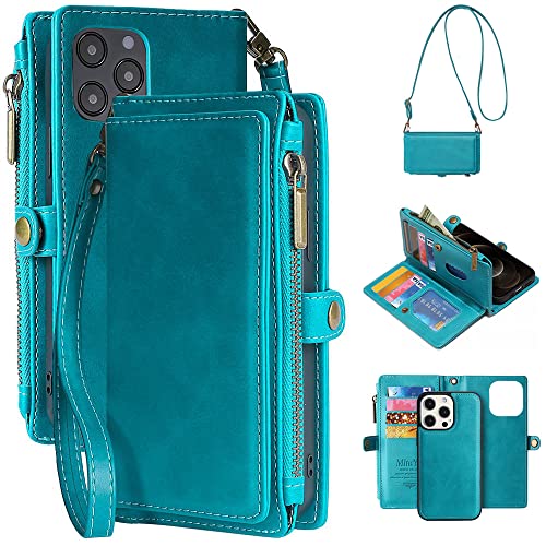 MInCYB Wallet Case Compatible with iPhone 13, Zipper Case with RFID Blocking Card Holder Slots, Magnetic Detachable Leather Flip Folio Cover. Crossbody Phone Case of iPhone 13. Classic Blue