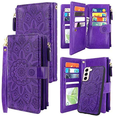 Harryshell Detachable Magnetic Zipper Wallet Leather Case with Cash Coin Pocket 12 Card Slots Holder Wrist Strap Lanyard for Samsung Galaxy S22 (2022) Flower (Purple)