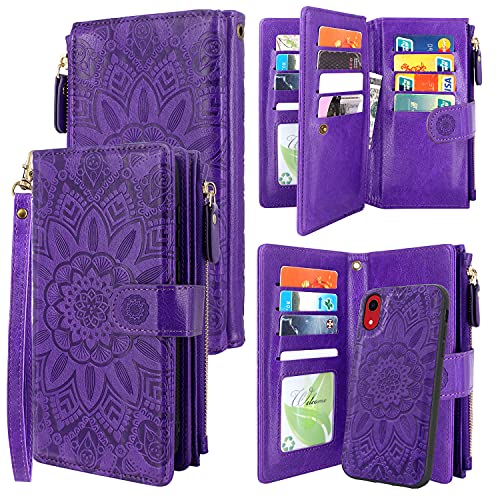 Harryshell Detachable Magnetic Zipper Wallet Leather Case Cash Pocket with Card Slots Holder Wrist Strap for iPhone XR 6.1 Inch 2018 Floral Flower (Purple)