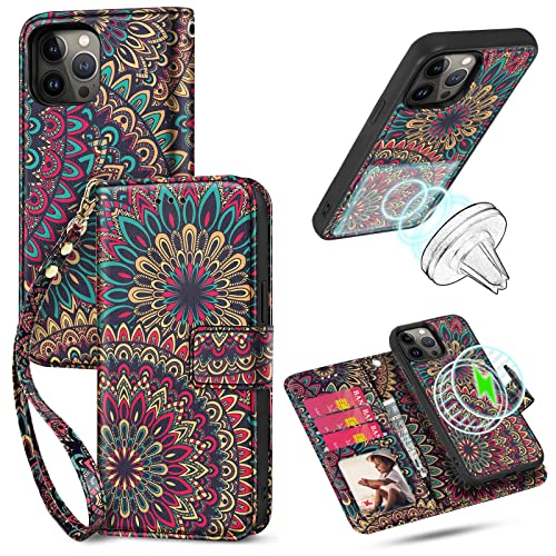 HOGGU iPhone 14 Pro Case Wallet-[Compatible with Magsafe] Magnetic Detachable Floral Flip PU Leather Case with Card Holder RFID Blocking, Hand Strap, iPhone 14 Pro Wallet Case for Women Girls,Mandala