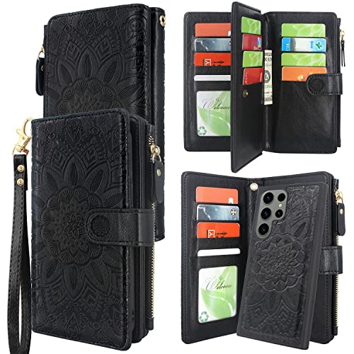 Harryshell Detachable Magnetic Zipper Wallet Leather Case with Cash Coin Pocket 12 Card Slots Holder Wrist Strap Lanyard for Samsung Galaxy S23 Ultra 5G (2023) (Flower Black)