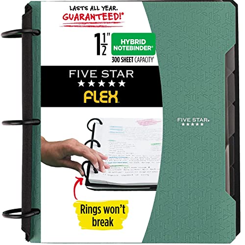 Five Star Flex Refillable Notebook + Study App, College Ruled Paper, 1-1/2 Inch TechLock Rings, Pockets, Tabs and Dividers, 300 Sheet Capacity, Color Will Vary (29328)