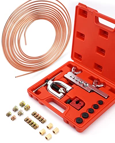 Racewill 25 ft 3/16 Copper Coated Brake Line Kit (Includes 16 Fittings and 4 Unions Brake Line Fittings) + Brake Line Double & Single Flaring Tool Kit