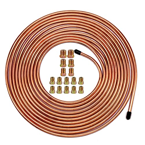 MuHize Upgraded Brake Line Tubing Kit - 25 Ft. of 3/16 Copper Coated Flexible Tube, Roll 25 ft 3/16" (Includes 16 Fittings)