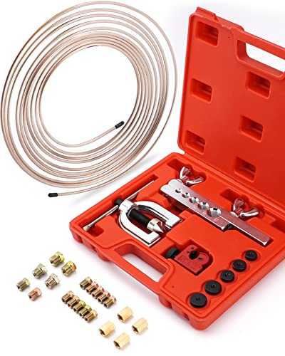 Racewill 25 ft 3/16 Copper-Nickel Alloy Non-Magnetic Brake Line Kit (Includes 16 Fittings and 4 Unions Brake Line Fittings) + Brake Line Double & Single Flaring Tool Kit
