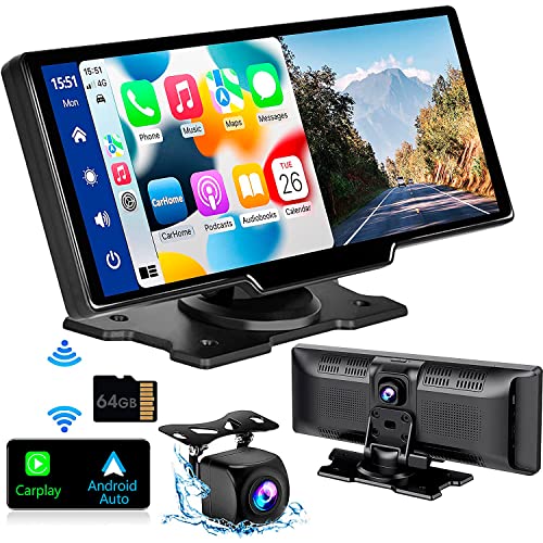 Trumsey Portable Built-in 2.5K Dash Cam Car Stereo - 9.3" HD IPS Screen, Wireless Carplay & Android Auto, Front and Back Loop Recording, 1080p Backup Camera DVR, Bluetooth, Car Radio Receiver