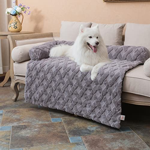 Sofsafe Calming Dog Bed Pet Couch Protector Cat Plush Mats with Removable Washable Cover,Furniture Sofa Cushion with Soft Neck Bolster (Medium 36", Grey)