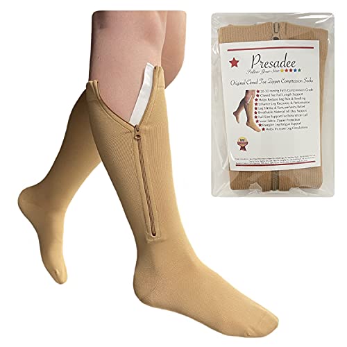 Presadee Original Closed Toe 20-30 mmHg Zipper Compression Calf Leg Socks (L/XL, Beige)